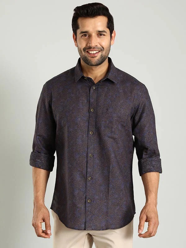 Indian Terrain Men's Slim Fit Full Sleeve All Over Print Dark Blue Shirt